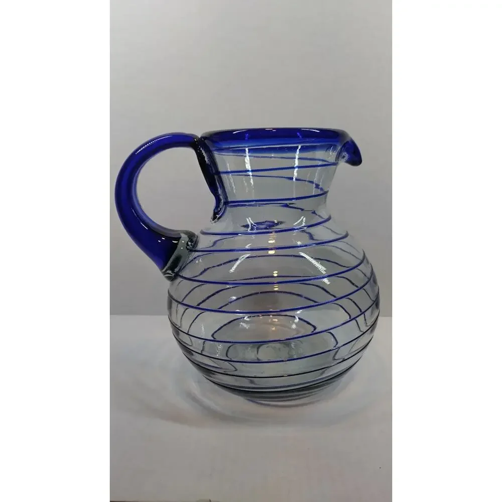 Hand Blown Cobalt & Clear Glass Swirl Pitcher & Glasses 7 Pc Set Made in Mexico